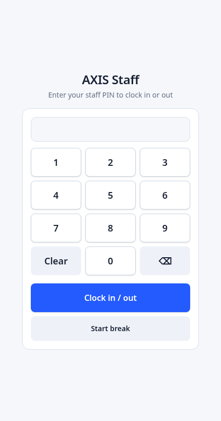 Genuine AXIS Staff clock-in screen