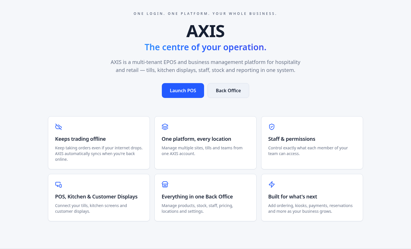 Genuine AXIS platform showing connected EPOS, back office, stock, staff and display features